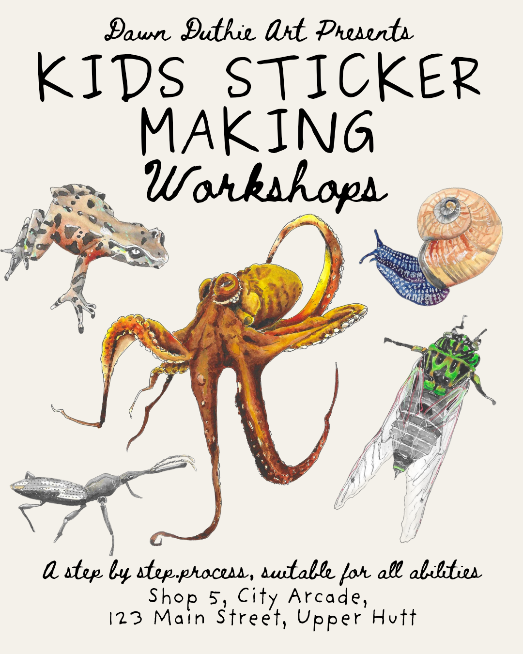 Advertisement for Kids Sticker Making Workshops with illustrations of Native Aotearoa frogs, octopus, and cicada.
Upper Hutt