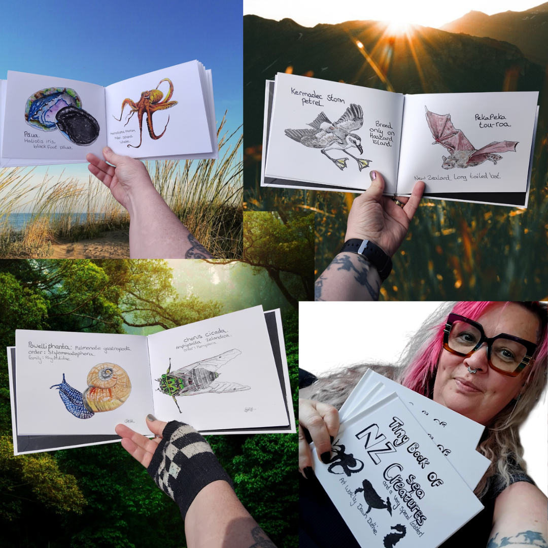 collage of hands holding New Zealand Insect, Bird and Sea Creature Watercolour Nature Art Books