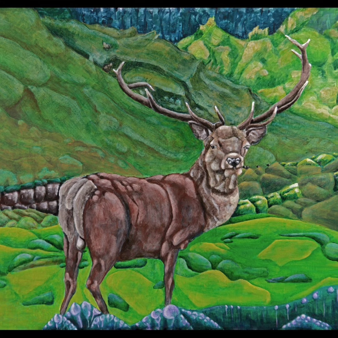 Beautiful fine art print of a stag or deer, in a very green landscape, painted in acrylics after the style of Rita Angus  by Upper Hutt artist Dawn Duthie