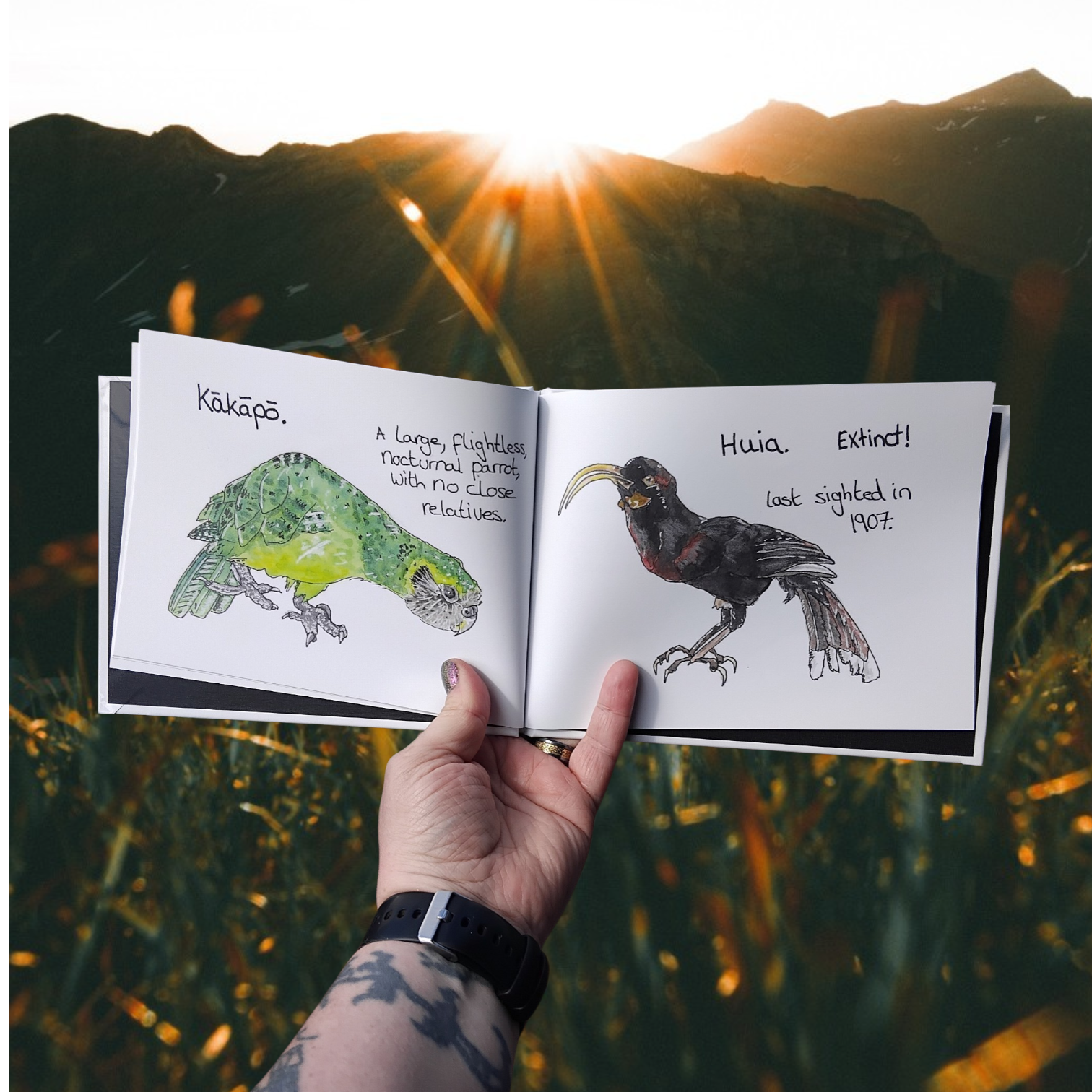 Open book with Watercolour illustrations of a Kakapo and a Huia held against a mountainous landscape with sunlight. Aotearoa Natuve Endangered Birds.