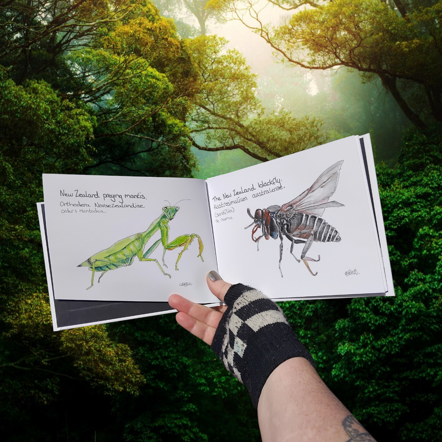 Open Book with Illustrations of a New Zealand Preying Mantis and The New Zealand BlackFly, Sand Fly held by a person against a forest background. Educational and Scientific Gifts Aotearoa