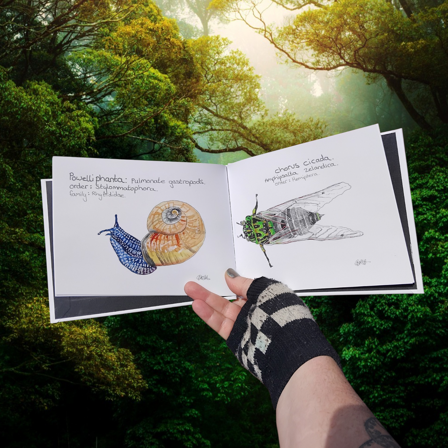 Open Book with Illustrations of a New Zealand Snail, Powelli Phanta and a Chorus Cicada held by a person against a forest background. Educational and Scientific Gifts Aotearoa