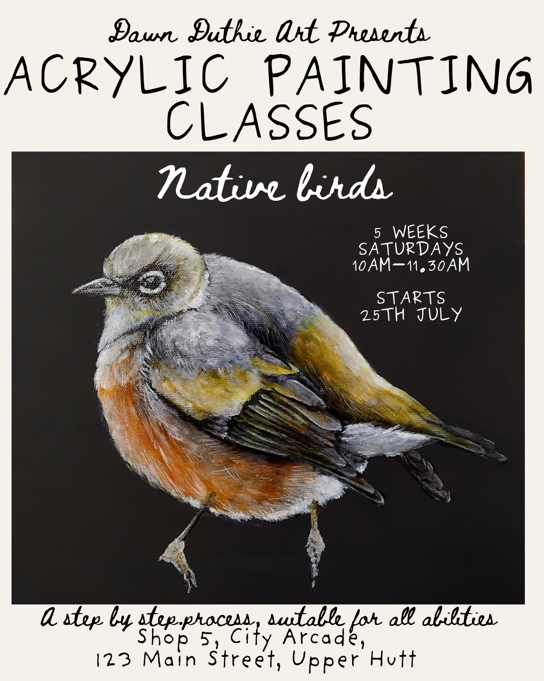 Acrylic painting class in Upper Hutt Wellington advertisement with a New Zealand Native Wax Eye, Silver Eye bird illustration on a dark background