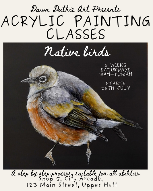 Acrylic painting class in Upper Hutt Wellington advertisement with a New Zealand Native Wax Eye, Silver Eye bird illustration on a dark background